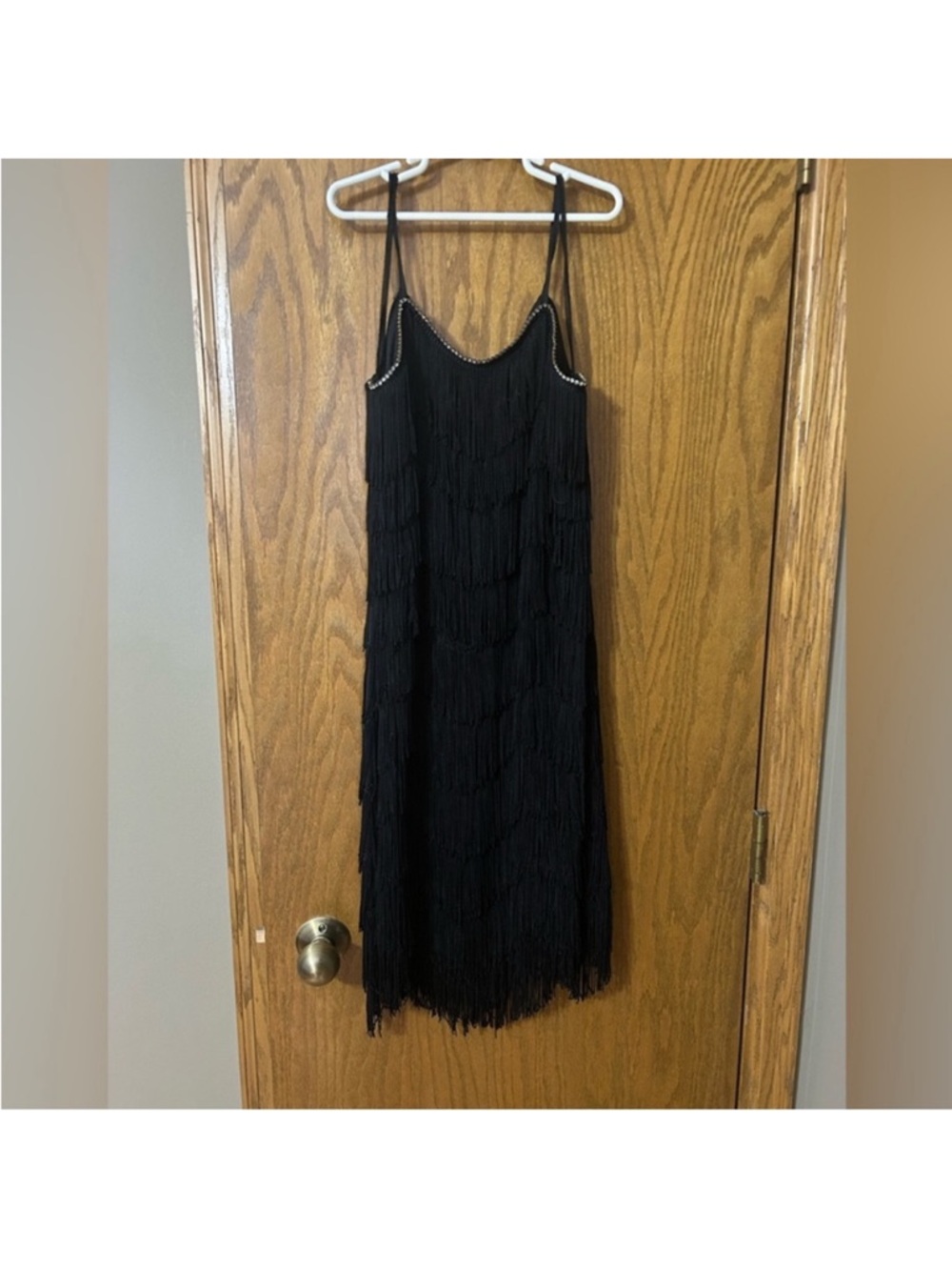 Black Fringe flapper Slip Dress with studded Trim gatsby costume small/medium